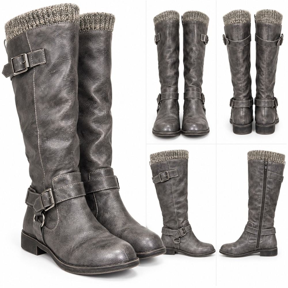Gray Pewter Knee High Moto Riding Boots Buckle Harness Knit Cuff Size 8.5 WW
